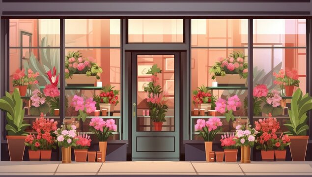 An illustrated image showing the front of a flower shop with large windows and potted plants