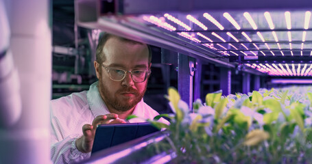 Hydroponics Engineer Inspecting and Analyzing Crops Growing Potential Before Selling. Portrait of...