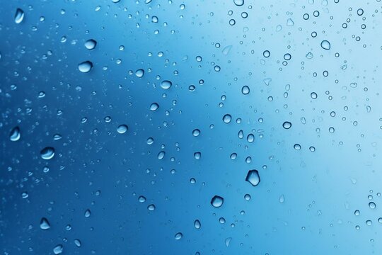 Water droplets on blue surface. Close-up wallpaper with empty space. Generative AI
