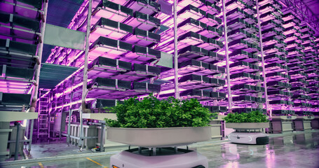 Autonomous Robots Vertical Farming Logistics Warehouse: Robots Transporting Sustainably Grown Organic Vegetables. Agriculture in Automatic Retail Warehouse with AI Controlled Hydroponics System