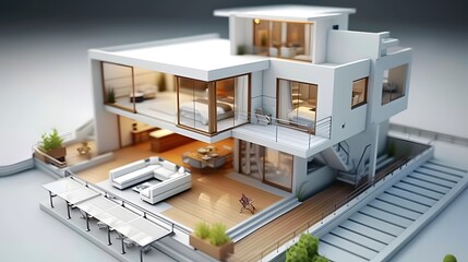 Fototapeta na wymiar 3d small house model on architecture floorplan created with Generative AI