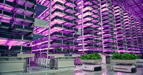 Autonomous Robots Vertical Farming Logistics Warehouse: Robots Transporting Sustainably Grown Organic Vegetables. Agriculture in Automatic Retail Warehouse with AI-Controlled Modern Hydroponics System - obrazy, fototapety, plakaty