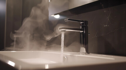 a modern bathroom sink with a chrome faucet from which water and steam come out - obrazy, fototapety, plakaty