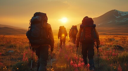Altai mountains, Siberia, Russia. Sporty people walk in the mountains at sunset with backpacks.