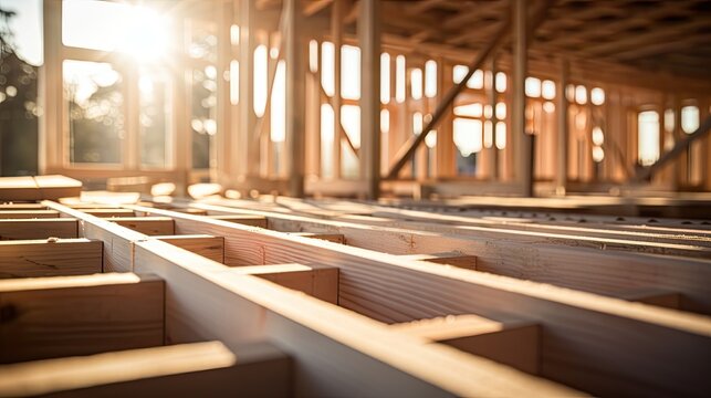 House construction framing, detailed wood textures, shallow depth of field focusing on the wooden framework,