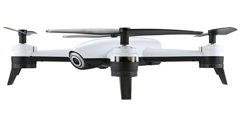 White drone quadcopter with a camera isolated on a transparent background.