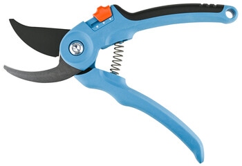 Blue garden secateur isolated on a transparent background. Pruning shears. Top view.