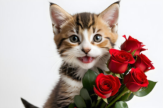 A cat smiling with a bouquet of roses. Generative AI
