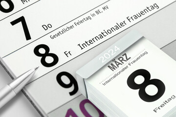 Deutscher Kalender Datum 8. März 2024  Freitag Internationaler Frauentag