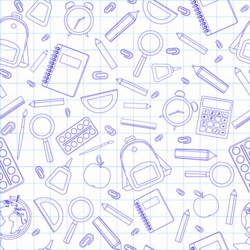 A pattern on a school theme, school supplies for school on a background of checkers, a notebook,  illustrations