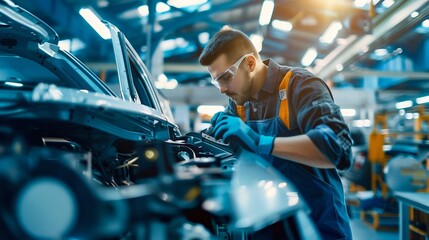 Expert Mechanic at Work in Modern Automotive Factory. Generative ai