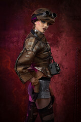 A girl with stylish makeup is dressed in post-apocalypse and cyberpunk style against the background of iron rusty wall
