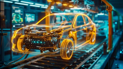 Futuristic Vehicle Assembly Line with Holographic Display. Generative ai