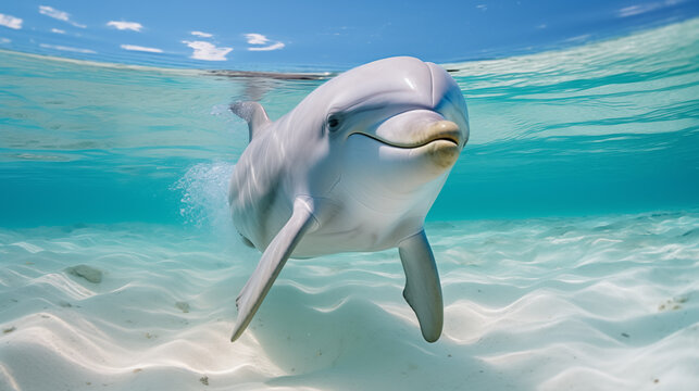 A dolphin swimming through azure clear waters on a sunny day. This captivating image captures the grace and beauty of these intelligent marine mammals, evoking feelings of freedom and wonder 