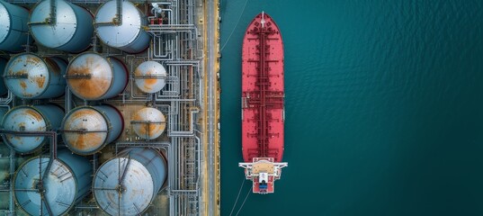 Aerial view of large red cargo ship docked next to industrial oil and gas tank storage complex