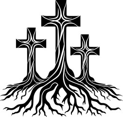 Three Christian Crosses with Tree Roots Illustration
