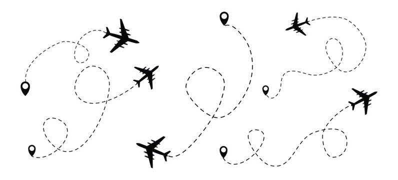 Dotted airplane cartoon illustration set. Path or way of plane, aircraft of jet in shape of heart, line or circles with destination point or location mark. Travel, distance, route concept