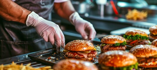 Fototapeta premium Chef Preparing Gourmet Burgers in a Busy Restaurant Kitchen. Generative ai