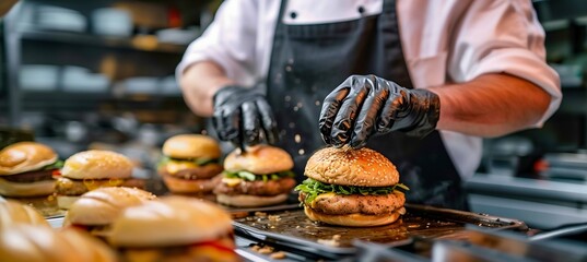 Chef Preparing Gourmet Burgers in a Busy Restaurant Kitchen. Generative ai - obrazy, fototapety, plakaty