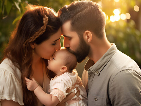 parents tender kisses on the baby's forehead
