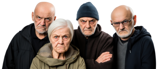 Group of elderly individuals standing with stern faces, showcasing their collective dissatisfaction, cut out