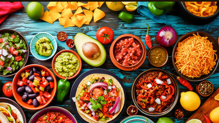 Fototapeta premium A vibrant spread of Mexican cuisine with tacos, guacamole, nachos, and fresh ingredients on a wooden table.