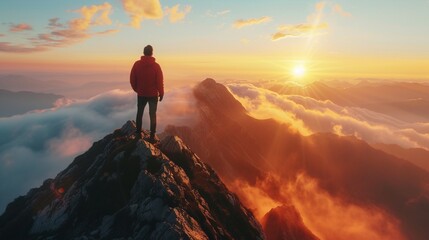 A person standing on a mountaintop at sunrise, feeling a sense of awe and wonder at the beauty of the world, inspired by the promise of a new day - obrazy, fototapety, plakaty