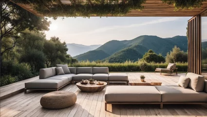 Foto op Canvas luxury outdoor seating area lounge or terrace with nature panoramic view, fancy modern contemporary architectural landscape decor and real estate design or for holiday relaxation © Roman