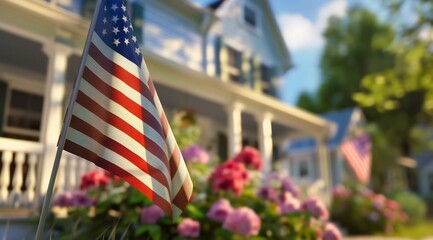 American Flag Waving in Nature and Residential Area. Generative ai