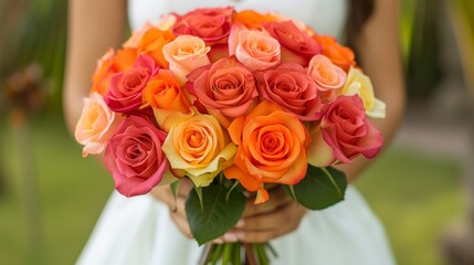Close up of woman s hands holding a beautiful and vibrant bouquet of colorful roses in full bloom