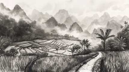 landscape in the morning, mountains and rice fields, Chinese Ink wash painting