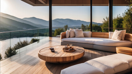 luxury outdoor seating area lounge or terrace with nature panoramic view, fancy modern contemporary architectural landscape decor and real estate design or for holiday relaxation