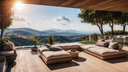 luxury outdoor seating area lounge or terrace with nature panoramic view, fancy modern contemporary architectural landscape decor and real estate design or for holiday relaxation - obrazy, fototapety, plakaty
