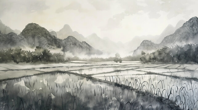 landscape with fog, mountains and rice fields, Chinese Ink wash painting