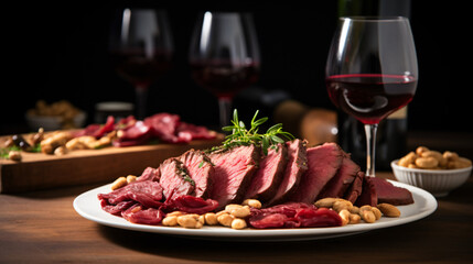 Air-cured beef served with nuts and red wine.
