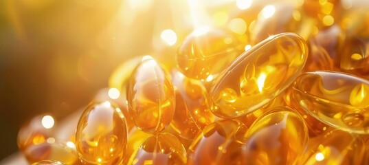 Close up macro view of yellow fish oil omega 3 6 9 capsules with vitamin d and e