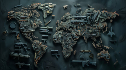 world map made of military equipment, missiles and guns