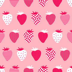 Dreamlike textured seamless pattern with symbolic representation of strawberry. Geometric food background for any purposes.  Abstract vector illustration.