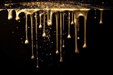 Illustration of gold glitter paint dripping from the top of the image on a pure black background, gold paint splatter, unusual background.