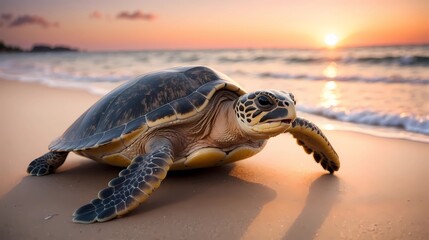  Sea turtle on the beach at  sunset, 8k, wallpaper