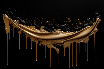 Illustration of gold glitter paint dripping from the top of the image on a pure black background, gold paint splatter, unusual background. - obrazy, fototapety, plakaty