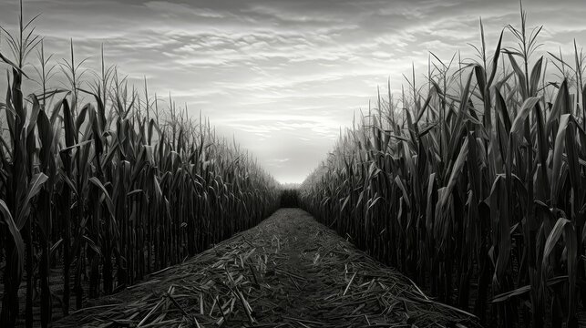 rural black and white corn field