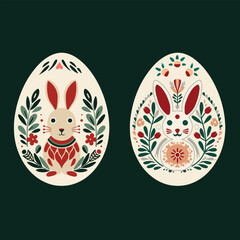 Set of easter eggs with floral rabbit ornament in flat vector design.