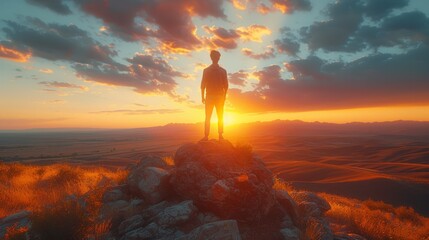 In the late afternoon, a young man stands on a desert rock - obrazy, fototapety, plakaty
