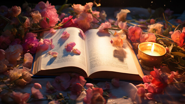 An Open Book With Flowers Coming Out Of It.