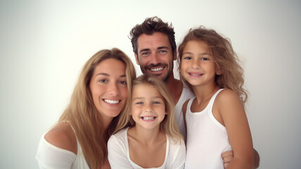 Obraz premium Portrait of a happy family laughing and looking at camera on white background