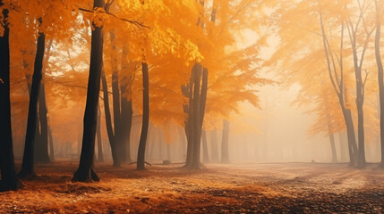 Atmospheric autumn forest in the fog.