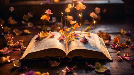 An open book with flowers coming out of it.