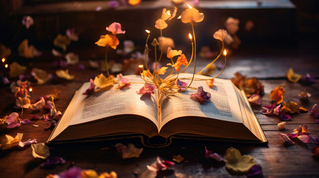 An Open Book With Flowers Coming Out Of It.