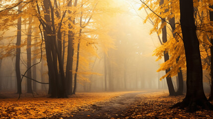 Atmospheric autumn forest in the fog.